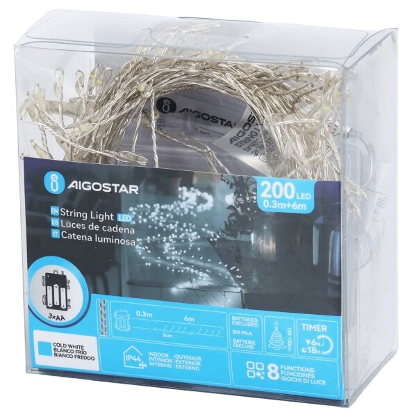 Aigostar-LED Ghirlandă de Crăciun pentru exterior 200xLED/8 funcții 3xAA 6,3m IP44 alb rece