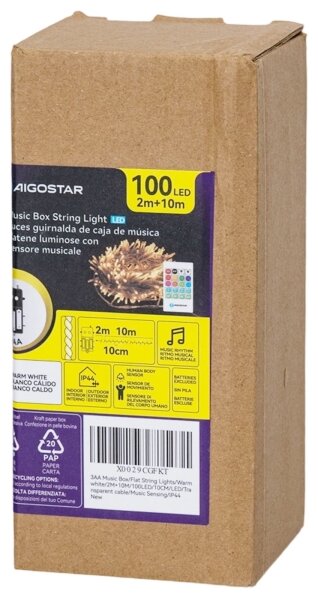 Aigostar - Ghirlandă LED de exterior reglabilă cu senzor 100xLED/3xAA 12m alb cald + telecomandă