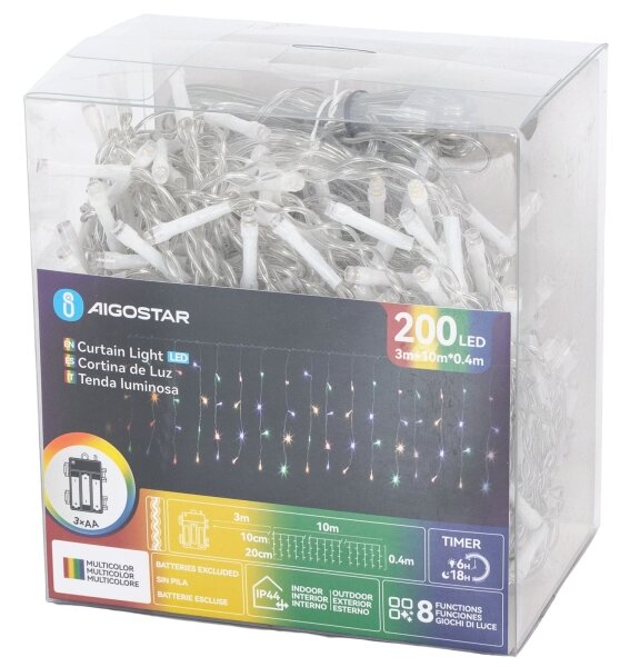 Aigostar - LED Ghirlandă de exterior pentru Crăciun 200xLED/8 funcții 3xAA 13x0,4m IP44 multicolor