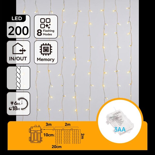 Aigostar - Ghirlandă LED de exterior pentru Crăciun 200xLED/8 funcții 3xAA 5x2m IP44 alb cald