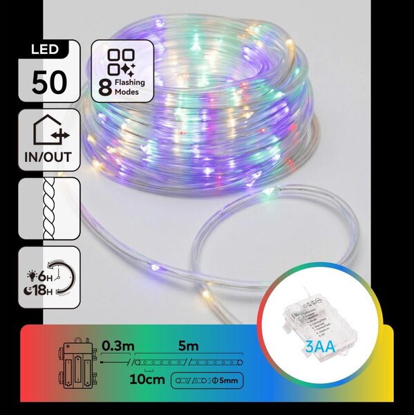 Aigostar - Ghirlandă LED de exterior pentru Crăciun, 50x LED / 8 funcții, 3x AA, 5,3 m, IP44, multicoloră