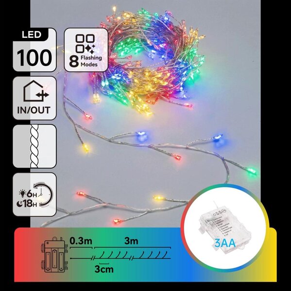 Aigostar - Instalație luminoasă de Crăciun LED pentru exterior, 100 LED-uri/8 funcții, 3xAA, 3,3 m, IP44, multicoloră