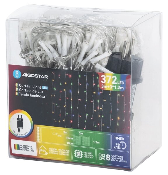Aigostar - Instalație luminoasă de Crăciun LED pentru exterior 372 LED-uri/8 funcții 6x1,2 m IP44 multicolor