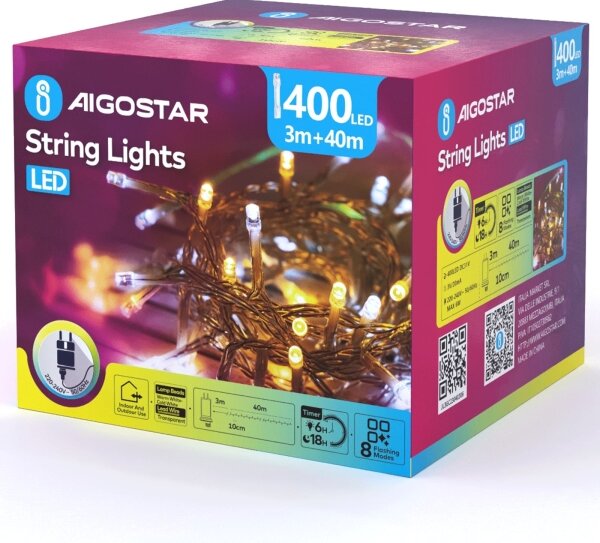 Aigostar - LED instalație luminoasă de Crăciun pentru exterior 400xLED/8 funcții 43m IP44 alb cald/alb rece