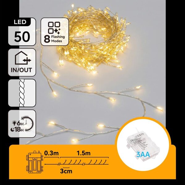 Aigostar - Ghirlandă LED de Crăciun pentru exterior 50xLED/8 funcții 3xAA 1,8m IP44 alb cald