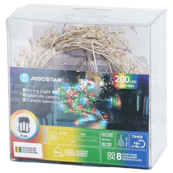 Aigostar - LED Ghirlandă de Crăciun pentru exterior 200xLED/8 funcții 3xAA 6,3m IP44 multicolor