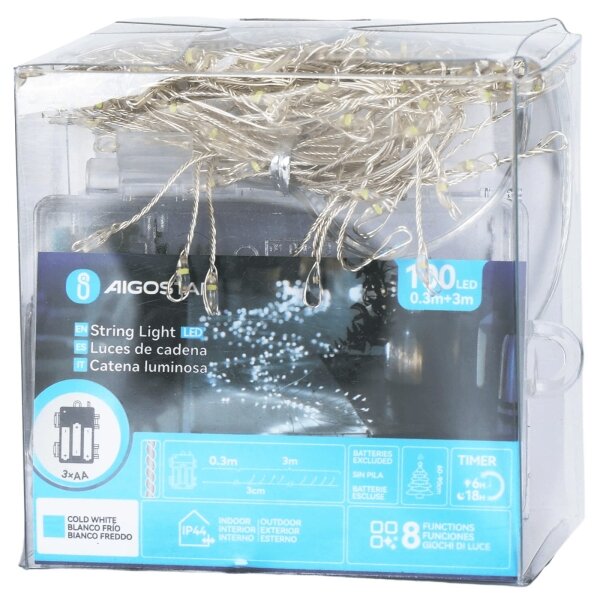 Aigostar-LED Ghirlandă luminoasă de Crăciun pentru exterior 100xLED/8 funcții 3xAA 3,3m IP44 alb rece