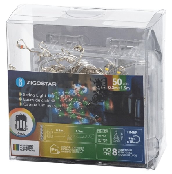 Aigostar - LED ghirlandă de Crăciun pentru exterior 50xLED/8 funcții 3xAA 1,8m IP44 multicolor