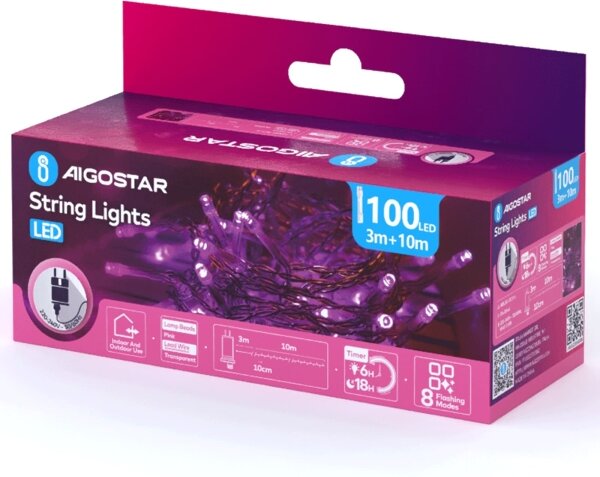 Aigostar - Ghirlandă LED de exterior pentru Crăciun, 100x LED/8 funcții, 13 m, IP44, roz
