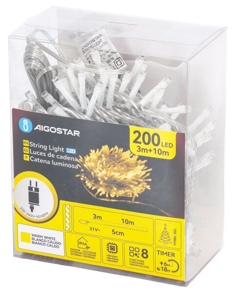 Aigostar - LED Ghirlandă de Crăciun pentru exterior 200xLED/8 funcții 13m IP44 alb cald