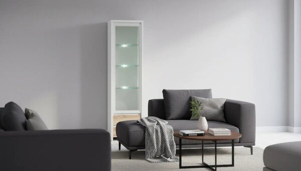 Vitrina KASPIAN, alb/stejar sonoma, PAL/sticla securizata, 56x41x201 c