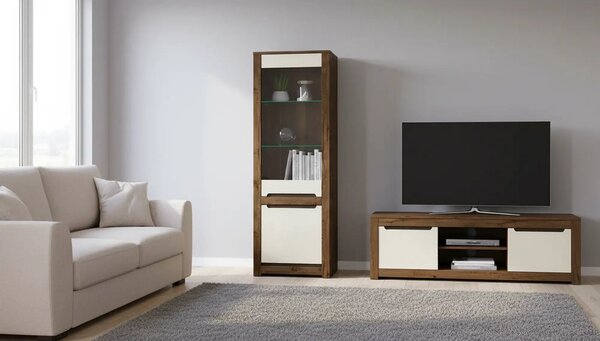 Vitrina RUSO, stejar april/alb perla, PAL/sticla securizata, 69x46x205