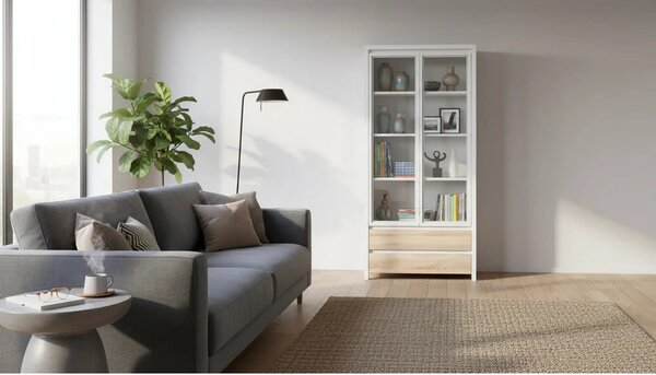 Vitrina KASPIAN, alb/stejar, PAL, 90x41x201 cm