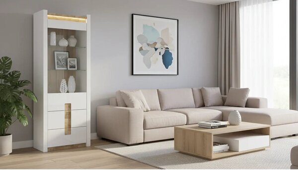 Vitrina ALAMEDA, alb/stejar deschis, PAL laminat, 72x42x202 cm