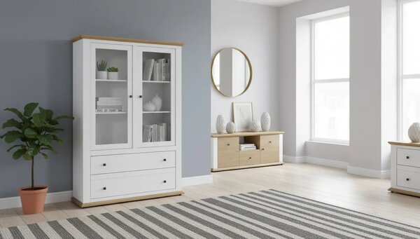 Vitrina LEON MZ5, alb/stejar deschis, PAL laminat, 125x40x180 cm