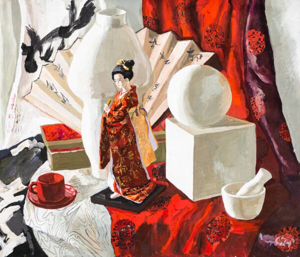 Ilustrare still life with Japanese doll, geometric shapes, VvoeVale, (40 x 35 cm)