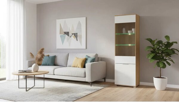 Vitrina ZELE, stejar wotan/alb lucios, PAL laminat, 56x41x195 cm