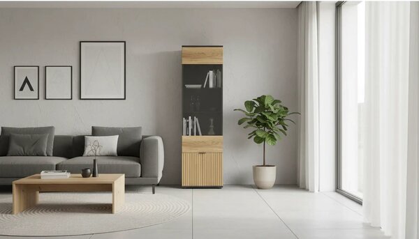 Vitrina LUEN, stejar/negru, PAL laminat/sticla securizata, 57x40x196 c