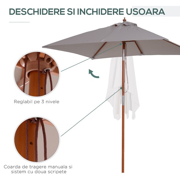 Outsunny Umbrelă de Soare Reglabilă pentru Grădină, Cadru din Lemn, 2x1.5m, Gri | Aosom Romania