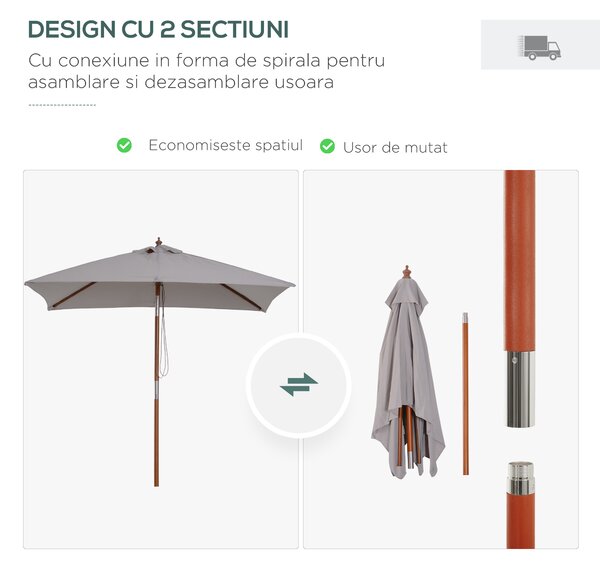 Outsunny Umbrelă de Soare Reglabilă pentru Grădină, Cadru din Lemn, 2x1.5m, Gri | Aosom Romania