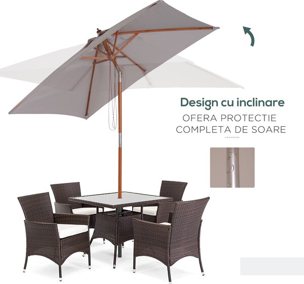 Outsunny Umbrelă de Soare Reglabilă pentru Grădină, Cadru din Lemn, 2x1.5m, Gri | Aosom Romania