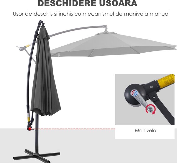 Outsunny Umbrelă Descentralizată pentru Exterior, Gri, Manivelă, Oțel și Poliester Anti-UV, Φ300x250cm | Aosom Romania