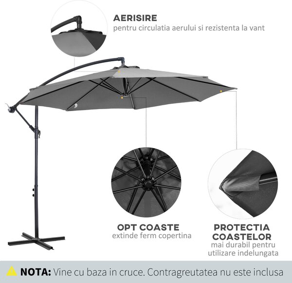 Outsunny Umbrelă Descentralizată pentru Exterior, Gri, Manivelă, Oțel și Poliester Anti-UV, Φ300x250cm | Aosom Romania