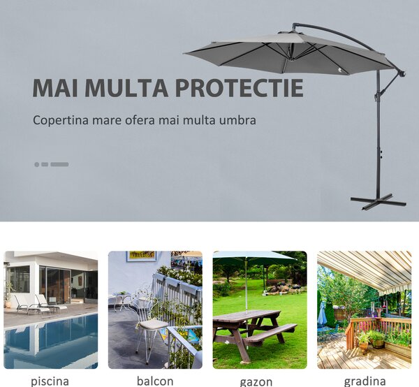 Outsunny Umbrelă Descentralizată pentru Exterior, Gri, Manivelă, Oțel și Poliester Anti-UV, Φ300x250cm | Aosom Romania