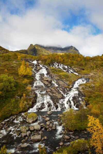 Fotografie de artă Lofoten waterfall on Moskenesoya, Lofoten, Norway, miroslav_1, (26.7 x 40 cm)