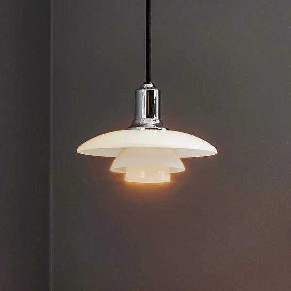 Louis Poulsen Lampă suspendată PH 2/1, Ø 20 cm, crom, sticlă, reglabil, Alb, Camera de zi / sufragerie, Sticlă, Design