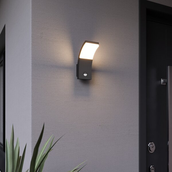 Lucande Aplică de perete cu LED Timm, senzor, 20cm, antracit, IP54, Negru, Aluminiu, Modern, Perete unghiular