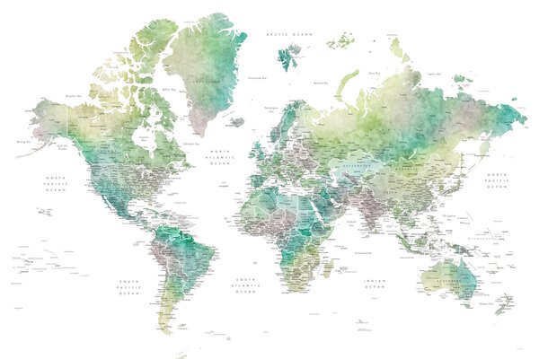 Harta Watercolor world map with cities in muted green, Oriole, Blursbyai, (40 x 26.7 cm)