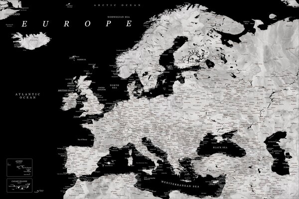 Harta Black and grey detailed map of Europe in watercolor, Blursbyai, (40 x 26.7 cm)