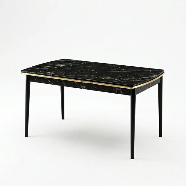 Verona Set Masa Extensibila (Negru Marmura) 80x 135 (80 x 178) Si Scaun 6 Buc, Aur Detalii, Horeca, Bucatarie, Living