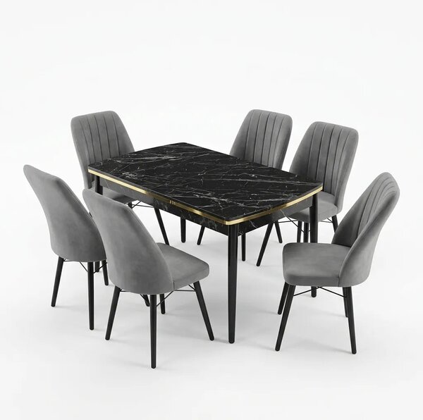 Verona Set Masa Extensibila (Negru Marmura) 80x 135 (80 x 178) Si Scaun 6 Buc, Aur Detalii, Horeca, Bucatarie, Living