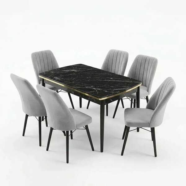 Verona Set Masa Extensibila (Negru Marmura) 80x 135 (80 x 178) Si Scaun 6 Buc, Aur Detalii, Horeca, Bucatarie, Living