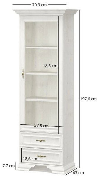 Vitrina living clasica IRYS, pin alb anderson, PAL laminat, 70x43x198