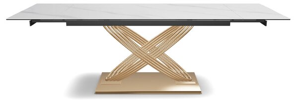 Masa extensibila HERMES II, alb cu efect de marmura/auriu, ceramica/me