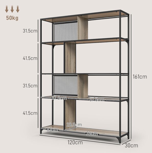 HOMCOM Etajeră Industrială cu 5 Niveluri și 2 Uși Culisante, Raft pentru Cărți din Lemn și Oțel, 120x30x161 cm, Gri | Aosom Romania