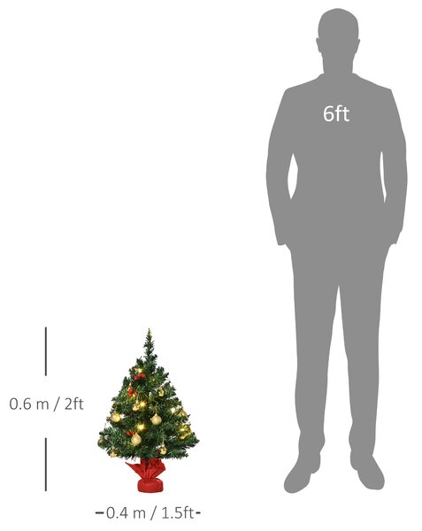 Mini Brad de Craciun, Brad cu lumini LED, decoratiune de Craciun, brad artificial de sarbatori Ф20x60cm HOMCOM | Aosom Romania