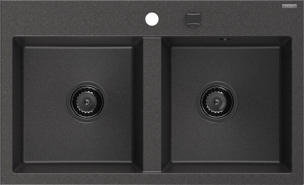Mexen Hektor, chiuvetă granit cu 2 camere 800x480x205 mm, pete negre, sifon din grafit, 6521802000-76-B
