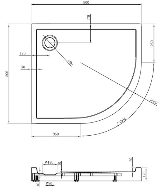 Mexen Flow+ cadă semicirculară asimetrică stânga 90 x 80 cm, luciu alb - 46Q108090LH