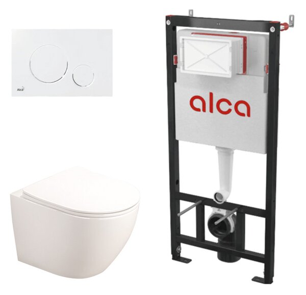 Set complet vas WC suspendat Fluminia, Alfonzo, alb, cu rezervor Alca și clapetă albă