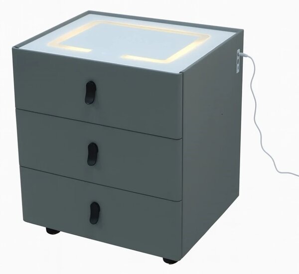 RESIGILAT- Noptieră inteligentă, încărcare Wireless și port USB+USB C, 3 sertare, 3 tipuri de iluminare LED touch, 3 tipuri de culoare, sticla securizata, Gri