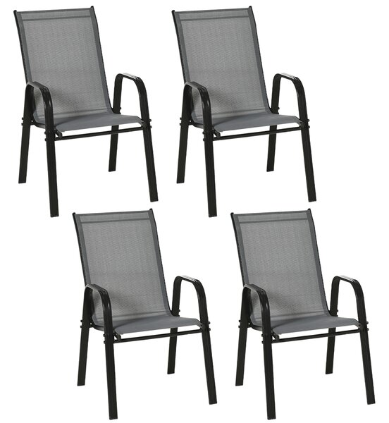 Outsunny Set de 4 Scaune de Grădină Stivuibile, Scaune de Exterior cu Cotiere din Metal și Țesătură Respirabilă, 54x75.5x95 cm, Gri | Aosom Romania
