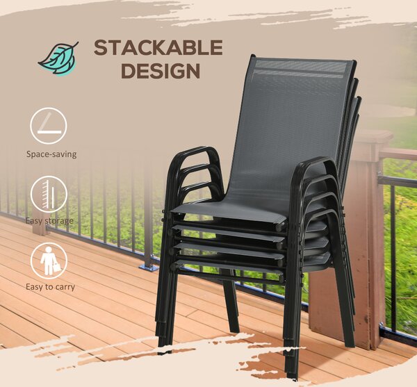 Outsunny Set de 4 Scaune de Grădină Stivuibile, Scaune de Exterior cu Cotiere din Metal și Țesătură Respirabilă, 54x75.5x95 cm, Gri | Aosom Romania