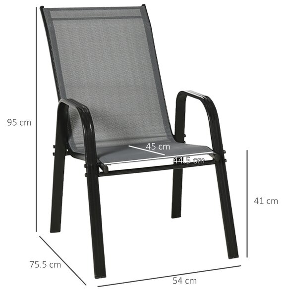 Outsunny Set de 4 Scaune de Grădină Stivuibile, Scaune de Exterior cu Cotiere din Metal și Țesătură Respirabilă, 54x75.5x95 cm, Gri | Aosom Romania