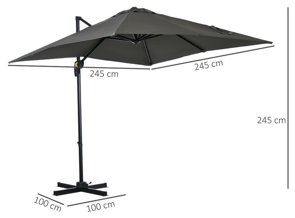 Outsunny Umbrelă de Grădină cu Manivelă de Mână cu Unghi Reglabil pe 5 Niveluri și Rotație la 360°, 245x245x248 cm, Gri | Aosom Romania