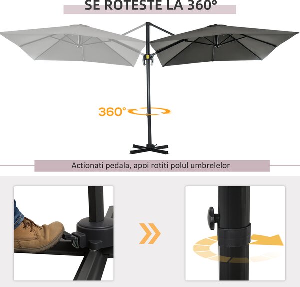 Outsunny Umbrelă de Grădină cu Manivelă de Mână cu Unghi Reglabil pe 5 Niveluri și Rotație la 360°, 245x245x248 cm, Gri | Aosom Romania