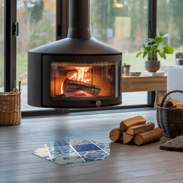 Placă hexagonală din sticlă pentru șemineu Modele ceramice pe fundal